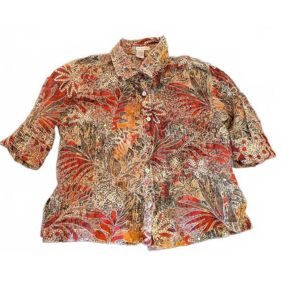 Half Moon Bay Women's Size M Red/Orange Leaf Print Beachy Boho Button-Up Blouse - Picture 1 of 8